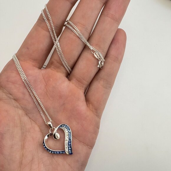 VTG Sterling Silver 925 Blue & White CZ Heart Pendant Necklace Size 20" Length - Picture 7 of 12